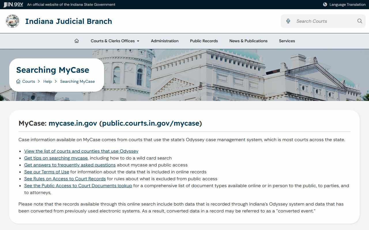 Indiana MyCase public access help page