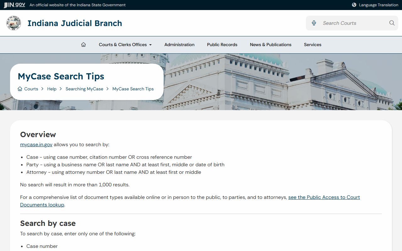 Indiana MyCase search tips page