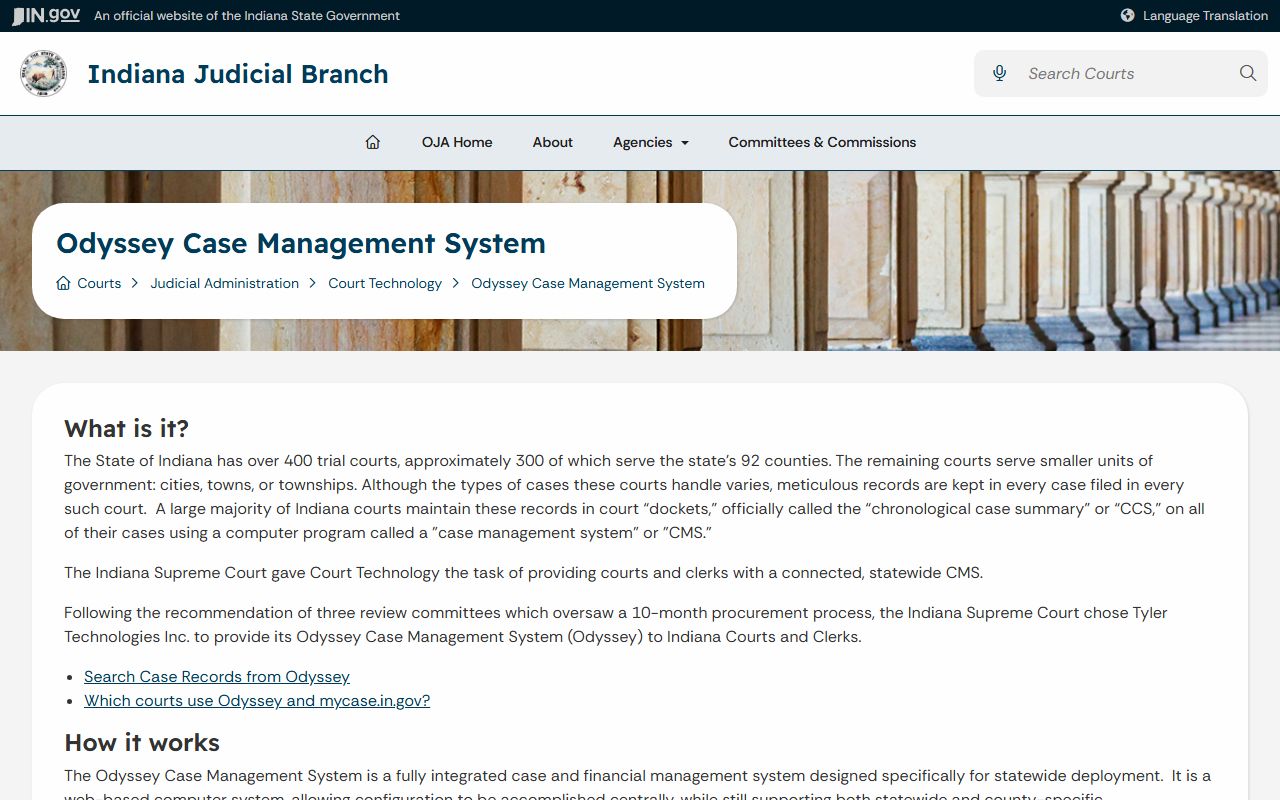 Indiana Odyssey case management information page