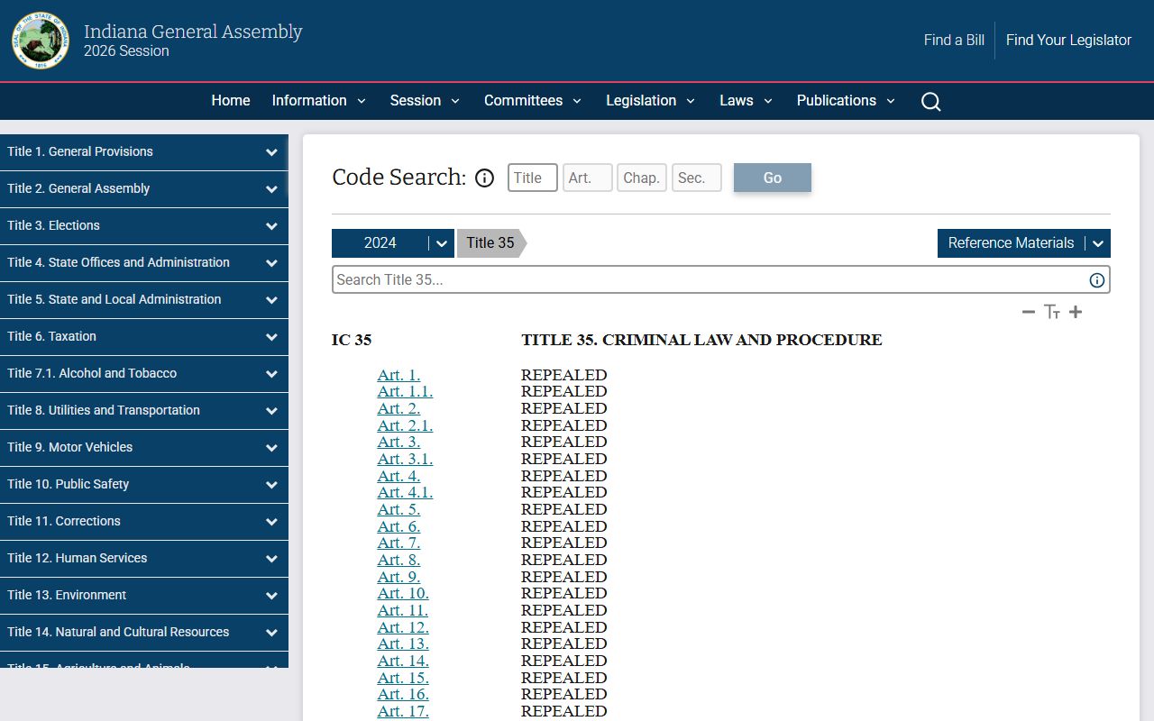Indiana Code Title 35 criminal law and procedure page