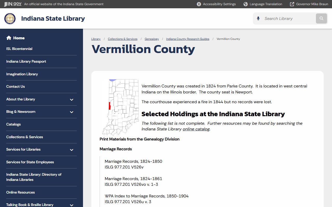 Vermillion County probate records Indiana State Library county guide