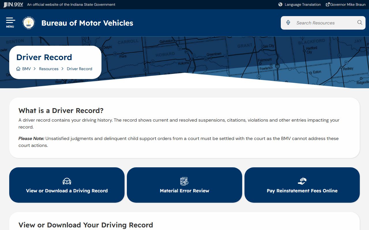 Vermillion County traffic court records and Indiana BMV driver record page